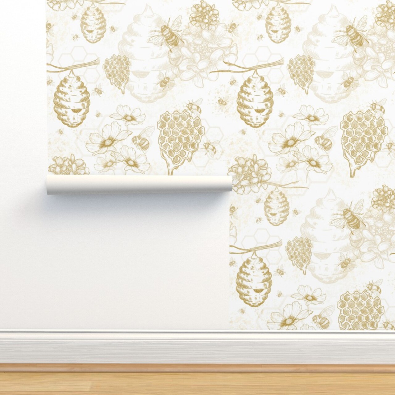 Yellow Flowers Mustard Bee Honey Toile Beehive Honeycomb Hexagon Pollen Beekeeper Handdrawn Modern Apiary Custom Removable Wallpaper by Spoonflower Peel & Stick Wallpaper 2FT Wide